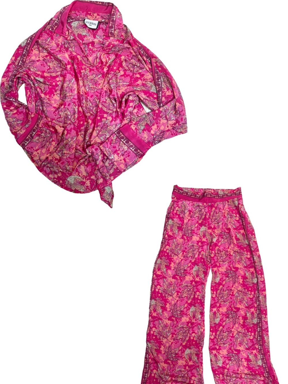 French Brand Gold and Silver Paris Pink Two-Piece Set - Shirt & Wide Leg Pants